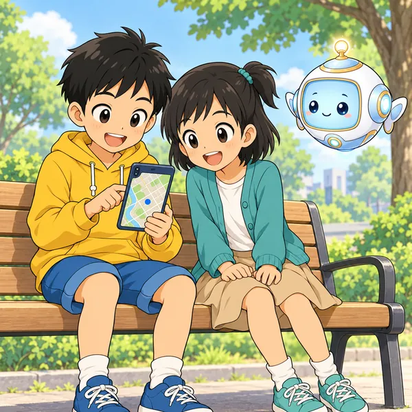 公園のベンチで、ハルがスマホの地図を見て、ミオがのぞきこんでいる。