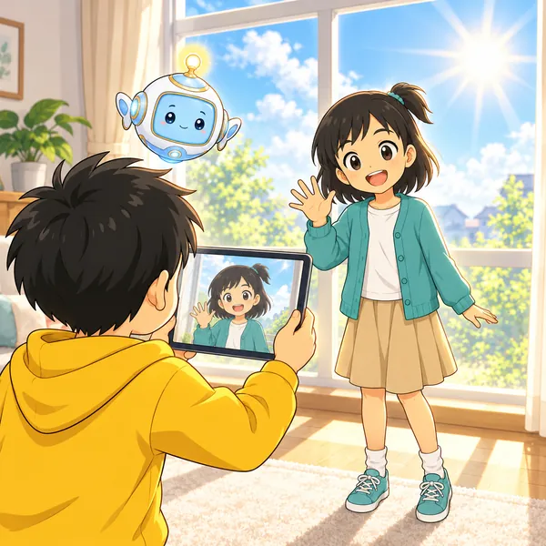 明るい窓の前でミオが手をふり、ハルがタブレットで撮っている。