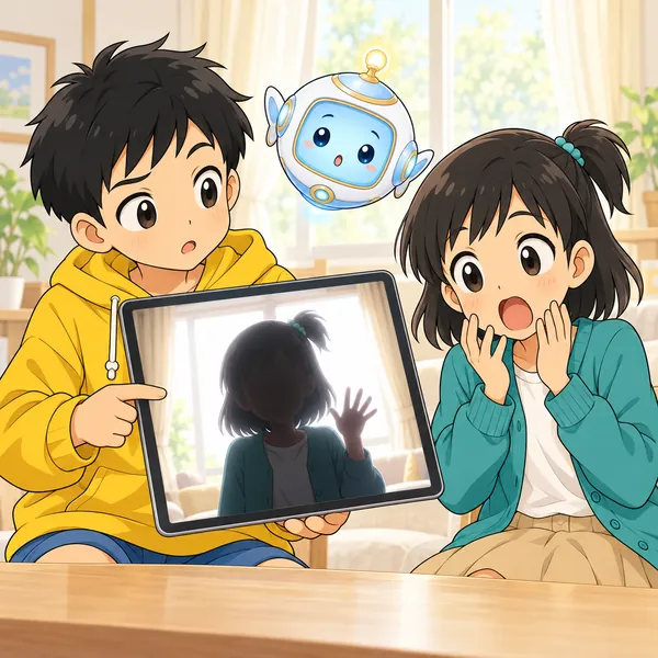 タブレットの画面で、窓が明るく、ミオの顔が暗いシルエットになっていて、ミオがおどろいている。