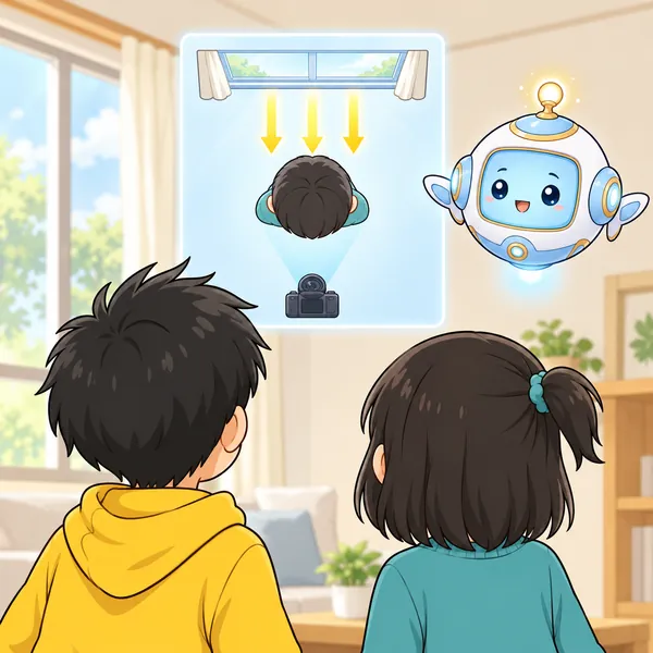 AIロボットが、窓の光がうしろから来る位置関係を図でうかべ、ハルとミオが見ている。