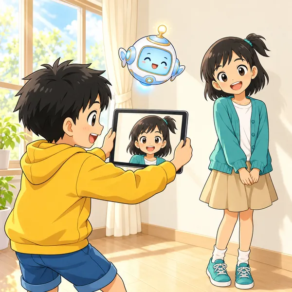 窓の横に立ったミオの顔が明るく写り、ハルとミオとAIロボットが笑っている。
