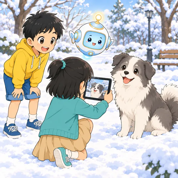 雪の公園で、ミオが大きな犬をタブレットのカメラで写し、ハルとAIロボットがとなりにいる。
