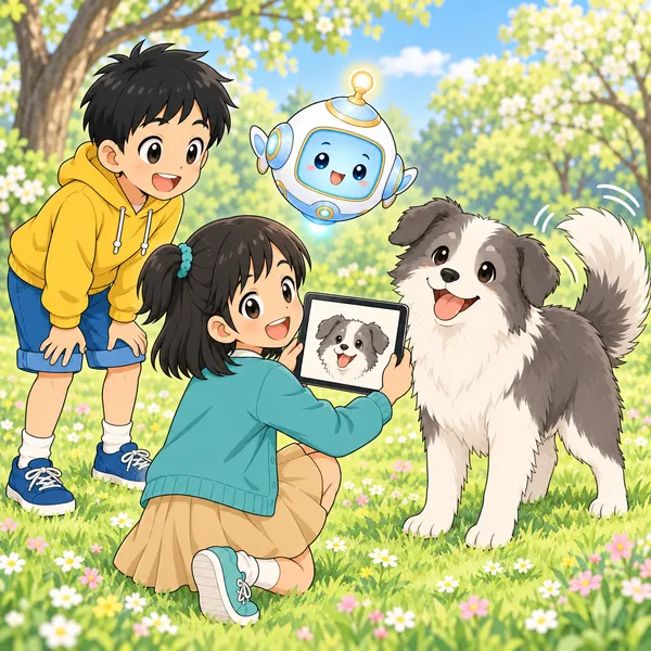 春の草原で同じ犬を写すと犬のマークが出て、ハルとミオとAIロボットが笑顔になっている。