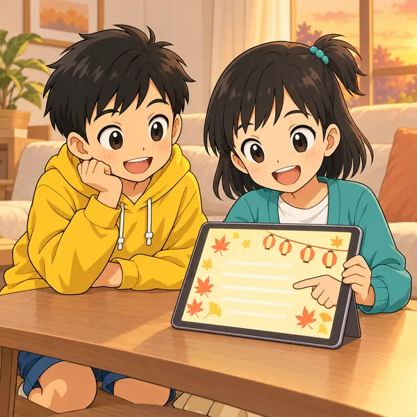 夕方のリビングで、ミオがうすい黄色の背景に白っぽい線の案内を作っている。