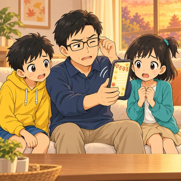 ハルのお父さんがスマホで案内を見て、目を細めている。