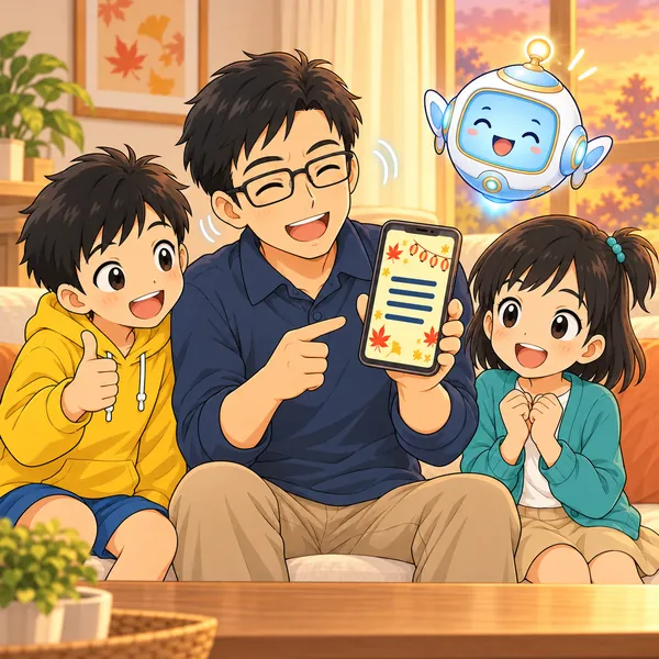 直した案内をハルのお父さんが見てうなずき、ミオとハルが喜んでいる。