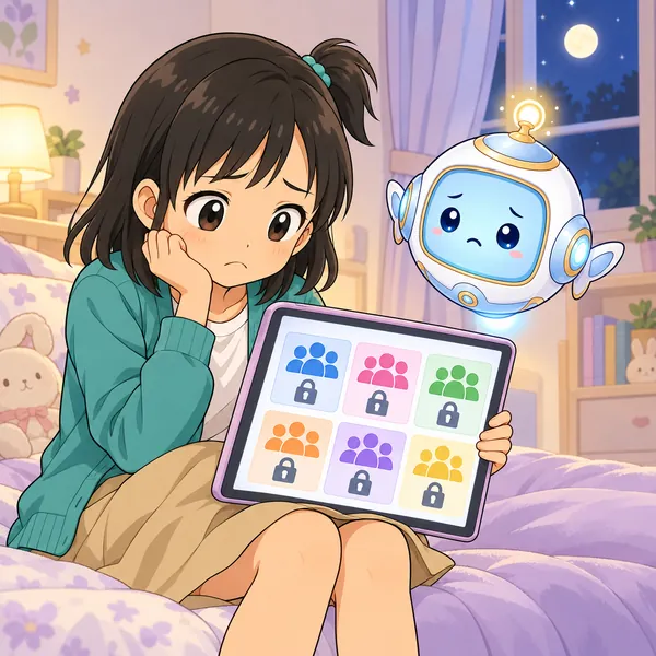 夜、ミオがタブレットで、どのチームも満員の鍵マークがついた画面を見て、さびしそうにしている。