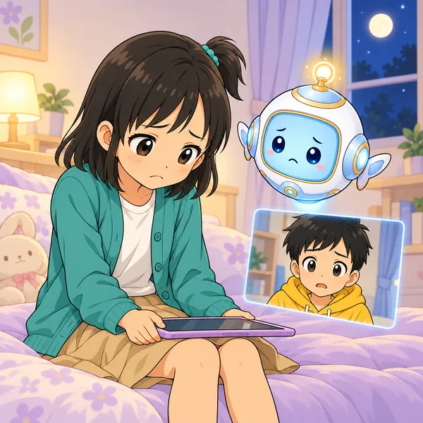 ミオがうつむき、ハルがビデオ通話の窓から心配そうに見ている。