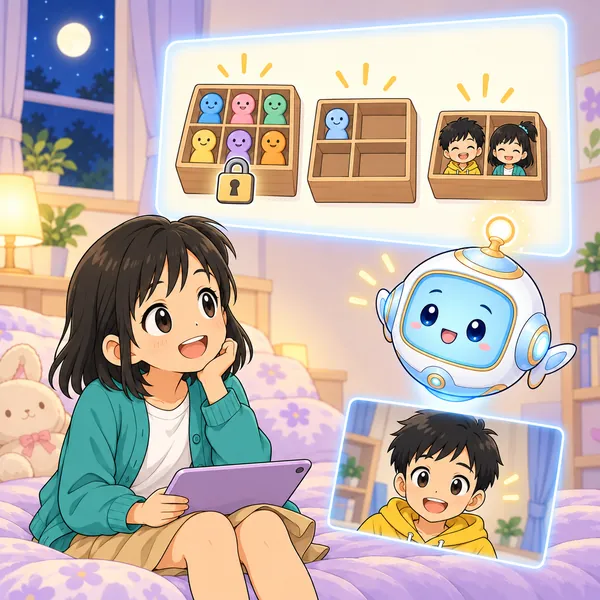 AIロボットが、満員の箱と、空いた箱、新しく作る箱の絵を見せている。