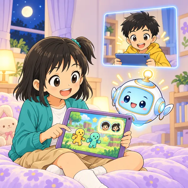 ミオが笑顔で、通話のハルと2人のチームを作って遊んでいる。