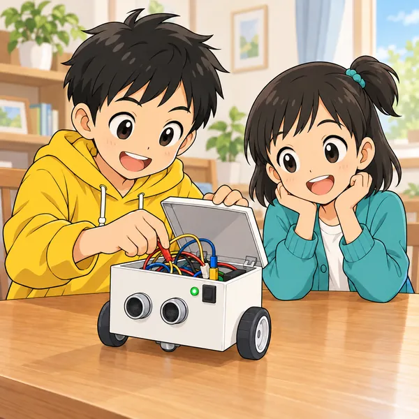 テーブルで、ハルが電源ランプの点いたままのロボットのふたを開け、配線をつなぎかえようとしている。