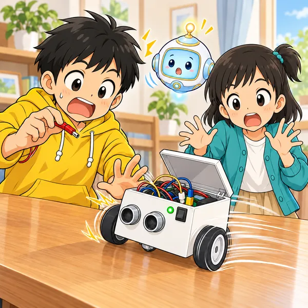 配線を外したとたんロボットが急に動き出し、ハルがびっくりして手を引っこめている。