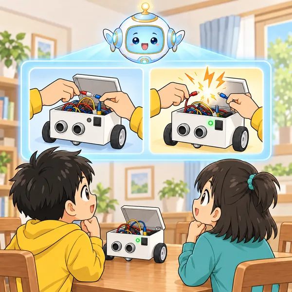 AIロボットが、電源を切ってから配線をさわる様子と、電源が入ったままの危険を光の窓で見せている。