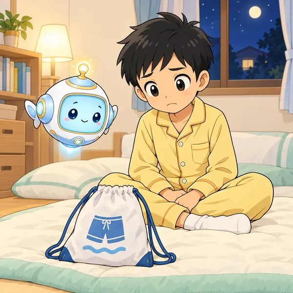 ハルが夜の自分の部屋で、水着の袋を前に考えこんでいる。