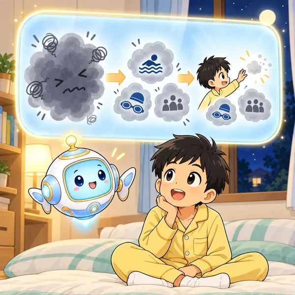 AIロボットが、大きな雲を小さく分ける絵を見せている。