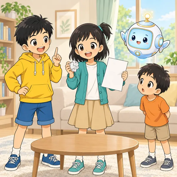 ミオが同じ大きさの紙を2枚持ち、1枚を丸めていて、ハルが自信たっぷりに予想している。