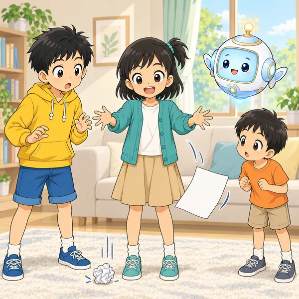 同時にはなすと、丸めた紙が先に落ち、平らな紙はひらひらとまだ空中にあり、ハルがおどろいている。