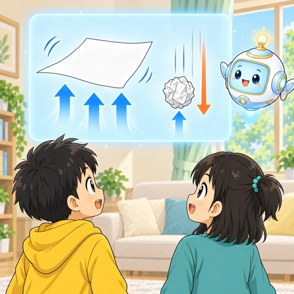 AIロボットが、平らな紙が空気を受けてゆっくり落ち、丸めた紙はすっと落ちる絵を窓に見せている。