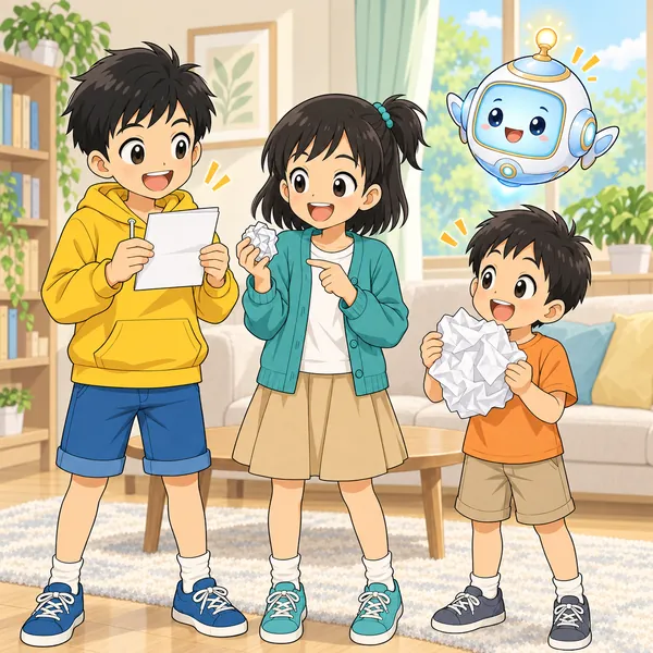ハルとミオと弟が、折ったり丸めたりした紙を持って、次の落とし方をためそうとしている。