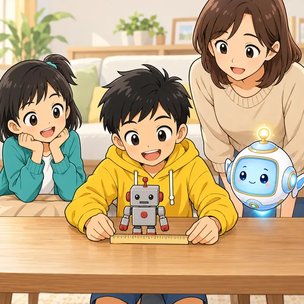 ハルがおもちゃをものさしで測っていて、お母さんがそばで見ている。