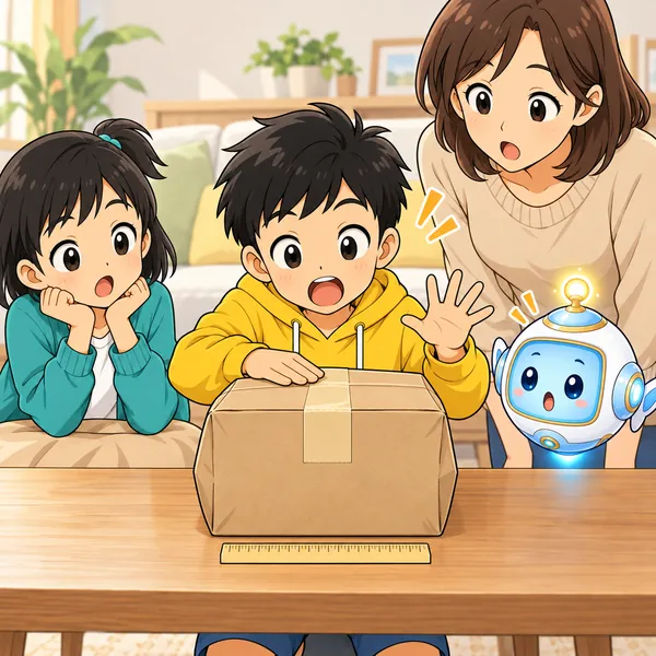 ハルが箱を閉じてテープでとめたら、箱がふくらんで大きくなりおどろいている。