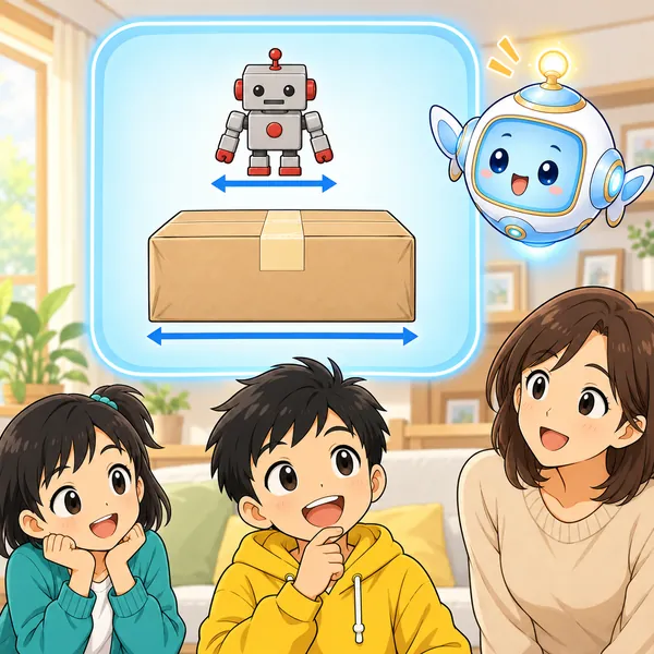 AIロボットが、品物だけの大きさと、つつんだあとの大きさをくらべる窓をうかべている。