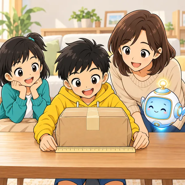 ハルがお母さんといっしょに、閉じた箱をものさしで測り直して笑っている。