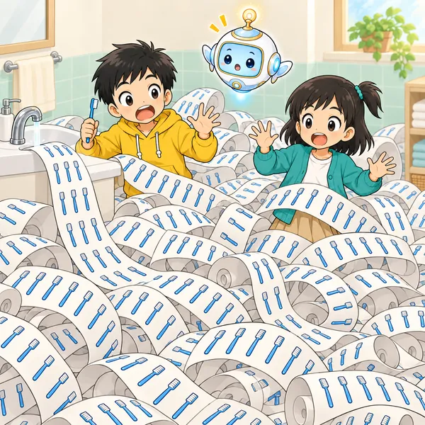 歯ブラシの絵が並んだ紙が床まで長くのび、ハルとミオがうもれそうになっておどろいている。