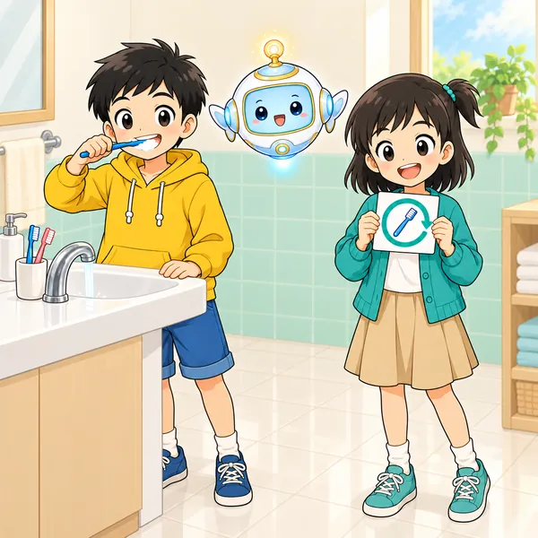 カード1枚を持ったミオが満足そうにし、歯みがき中のハルとAIロボットも笑顔になっている。