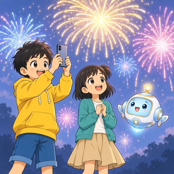 夜の花火大会。空に大きな花火が開いている