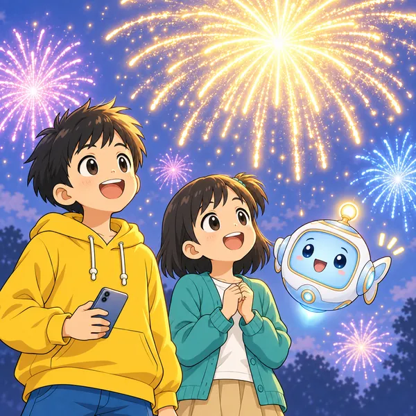 アイがハルのそばに浮かび、空の花火をやさしく指さしている