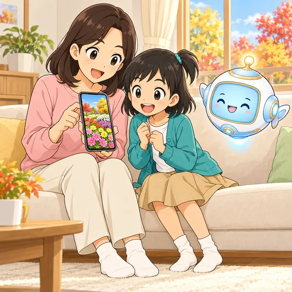 ミオが、母のスマホの花畑の写真を見てわくわくしている。