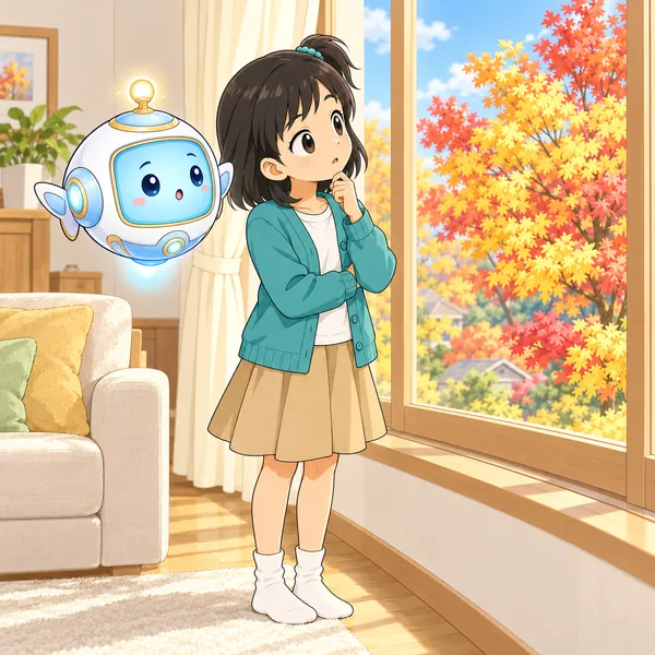 ミオが窓の外の秋の木を見て首をかしげている。