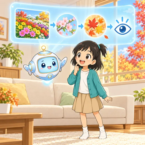 AIロボットが、写真と春・秋の季節のマーク、目のマークの絵を見せている。