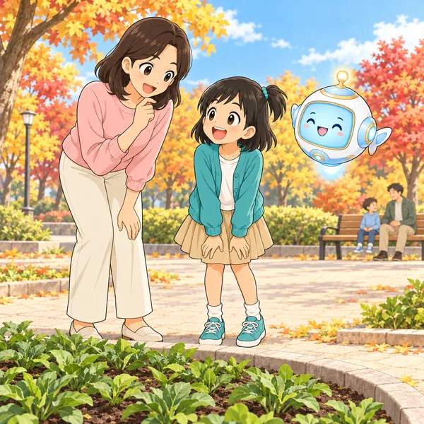 ミオと母が、葉っぱだけの花だんの前で顔を見合わせて笑っている。