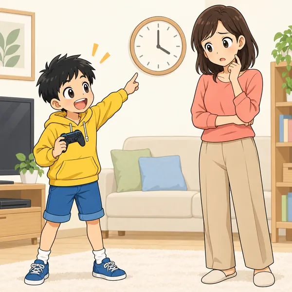 ハルが家の人に、ゲームの時間をもっと長くしたいと言っている