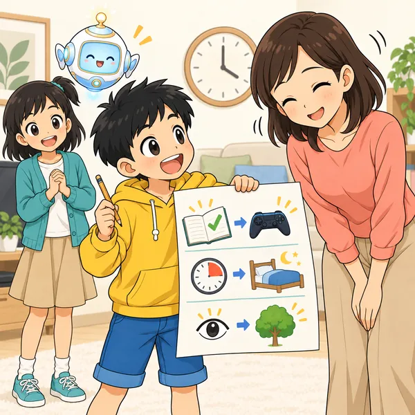 ハルが紙に条件つきの案を書いて見せ、家の人がうなずいている