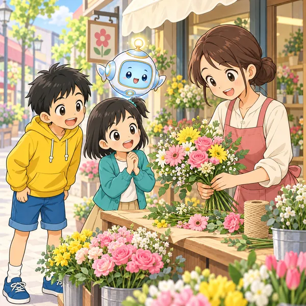花屋の店先で、ミオがお店の人の花束づくりを見て目をかがやかせている。