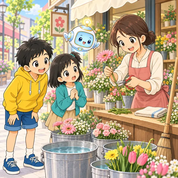 お店の人が、バケツや茎を切る作業のことを身ぶりでミオに話している。