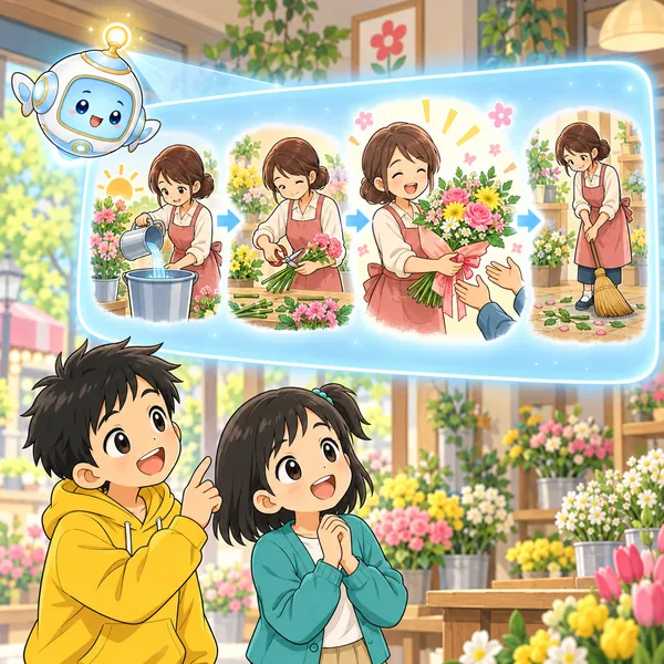 AIロボットが、花束の場面の前とあとに、水かえやそうじが並ぶ一日の流れを窓に見せている。