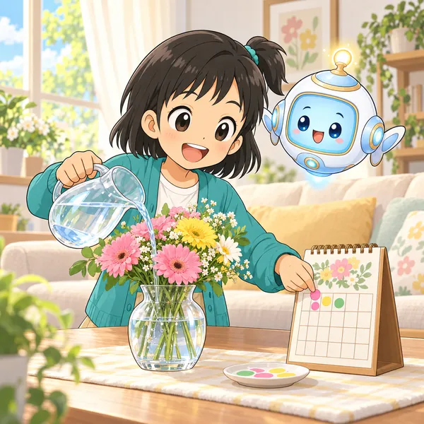 ミオが家で花びんの水を入れかえ、カレンダーにシールをはっている。