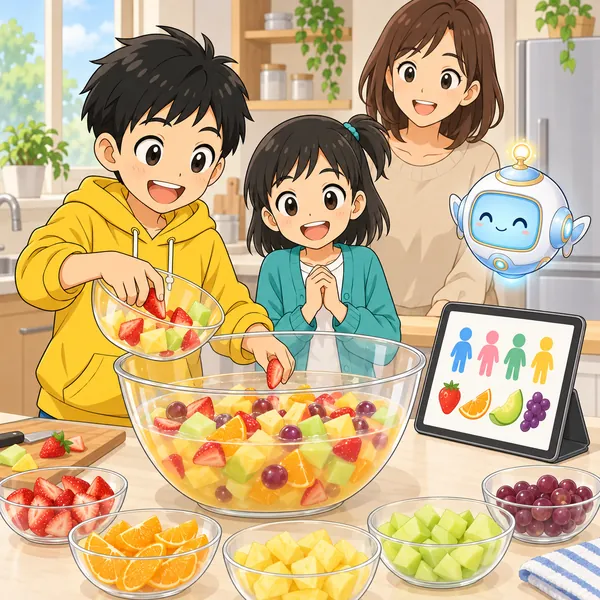 ハルの家の台所で、ハルが4人分のレシピどおりにくだものをたくさんボウルに入れている。