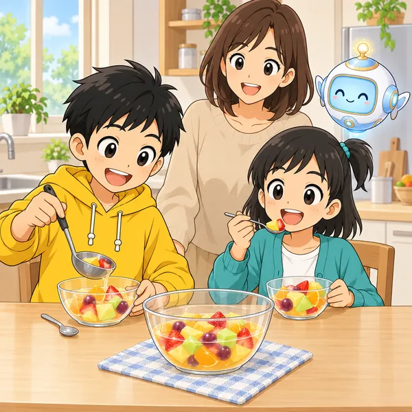 ちょうどいい量のフルーツポンチを、ハルとミオが分けて食べ、お母さんとAIロボットも笑顔になっている。