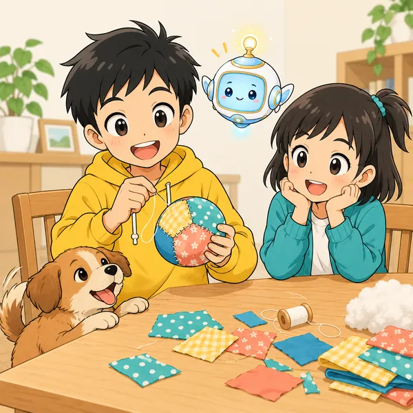 ハルが布のボールを作り、犬が喜ぶと得意そうにしている。