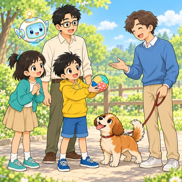公園で、ハルが父といっしょに、犬の飼い主にボールのことを聞いている。