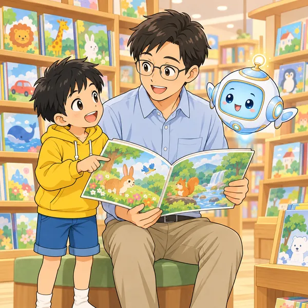 本屋で、ハルがめがねの父と絵本を見ながら、イラストの仕事について話している。