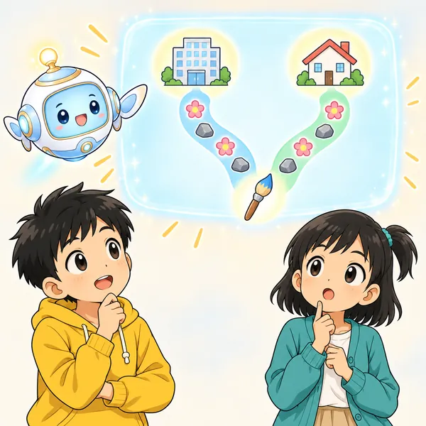 AIロボットが、絵筆のマークから会社と家に分かれる二本の道の絵を見せている。