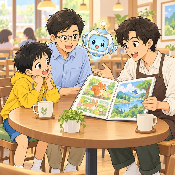 ハルが父といっしょに、イラストの仕事をしている大人の話を聞いている。
