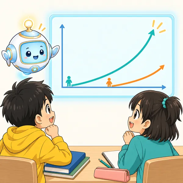アイが、早く始めた人と後から始めた人の差が時間とともに開く図を見せている