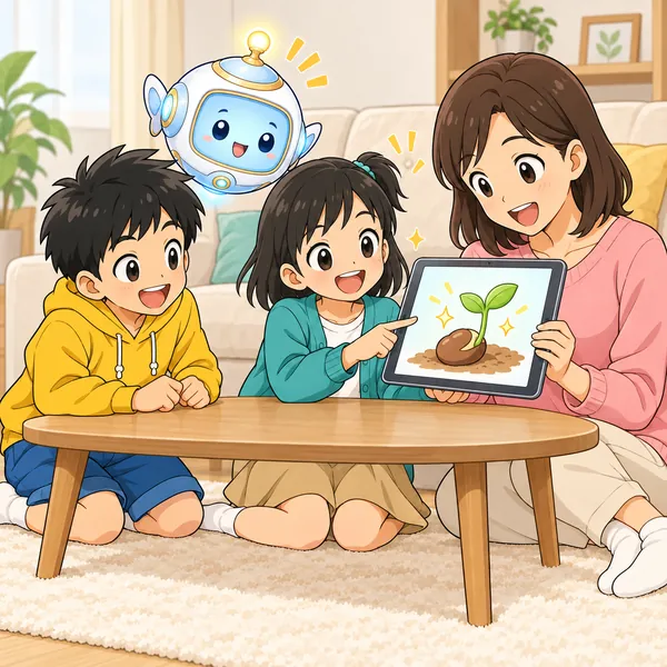 ミオが母といっしょに、豆から芽が出る動画を見て、目をかがやかせている。